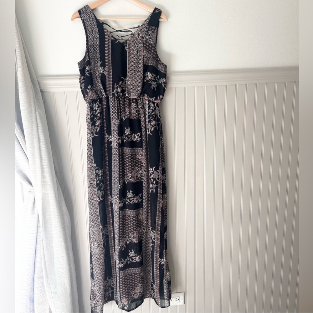Maurices Small Black Pink Gray Patterned Criss Cross Maxi Dress